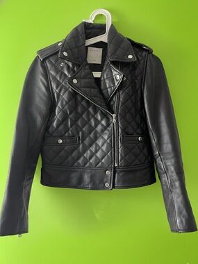 Sandro Black Quilted Leather Biker Jacket with Silver Hardware